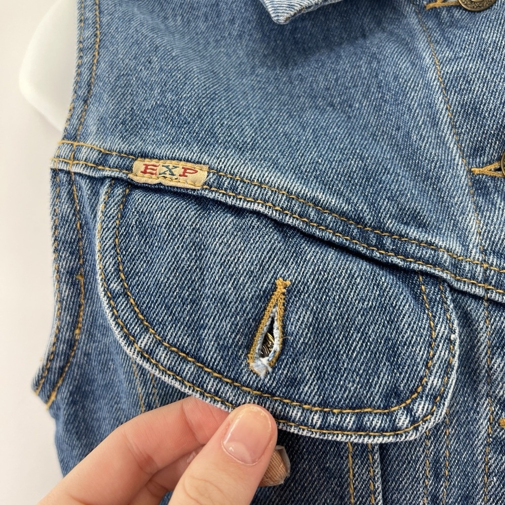 Vintage 90s Express Denim Vest Women Small Blue Jean Cropped Layer Straps - Picture 2 of 11